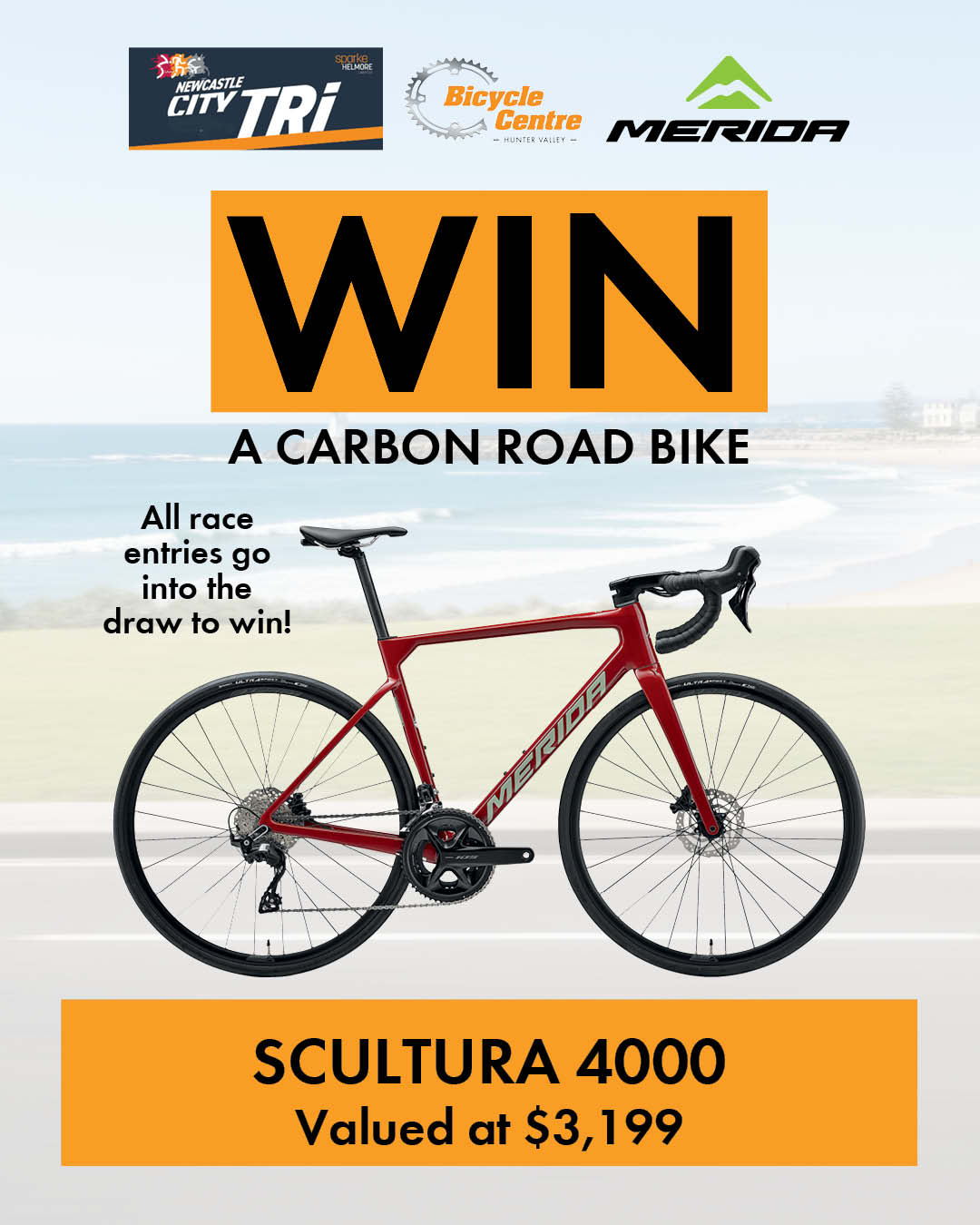 Hunter Valley Bicycle centre will be at the sparke helmore Newcastle City Triathlon. You could win a MERIDA Carbon road bike.