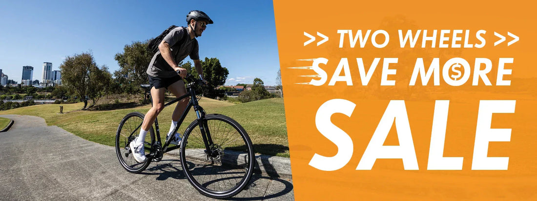Two wheels save more bike sale at Bicycle Centre. Huge range of commuter, hybrid, electric bikes on sale now. Don't miss out